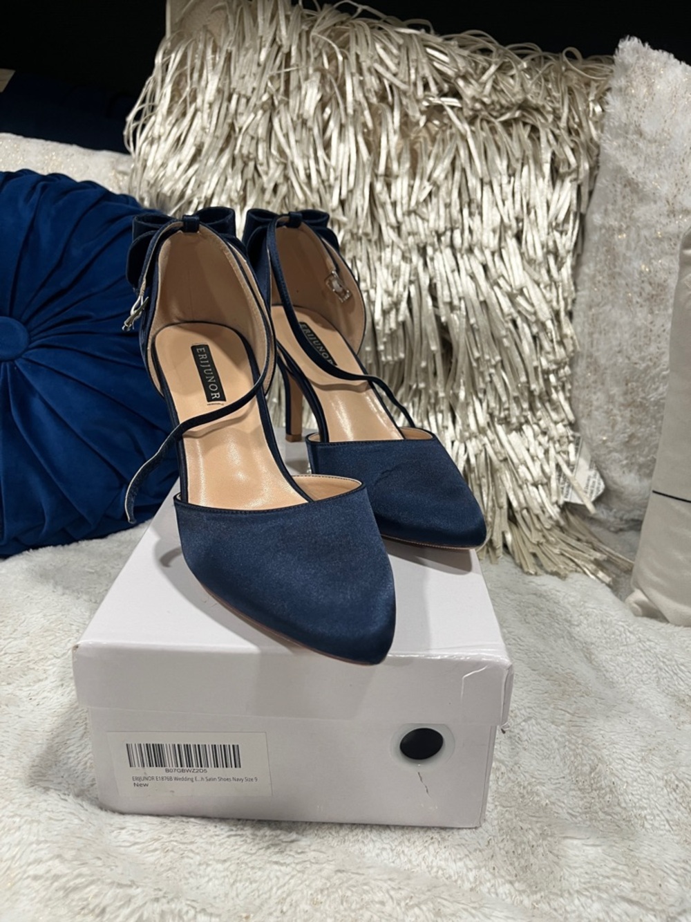 Navy Satin Pointed-Toe Ankle-Strap Heels with Bow Detail